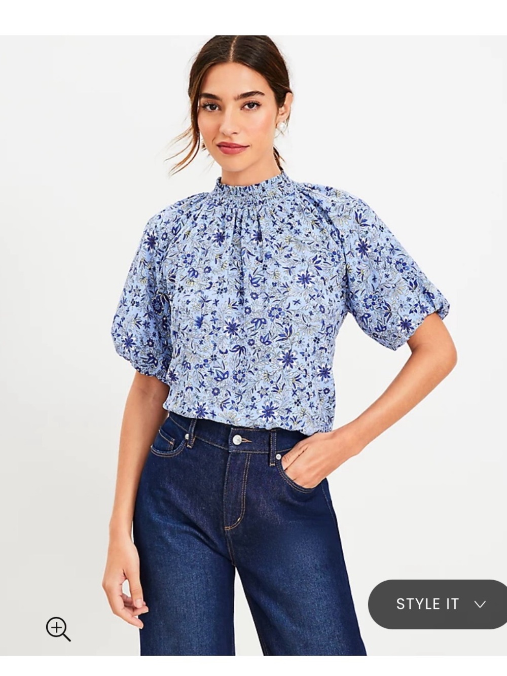 Loft Smocked Neck Blue Floral Puff-Sleeve Top Size Medium